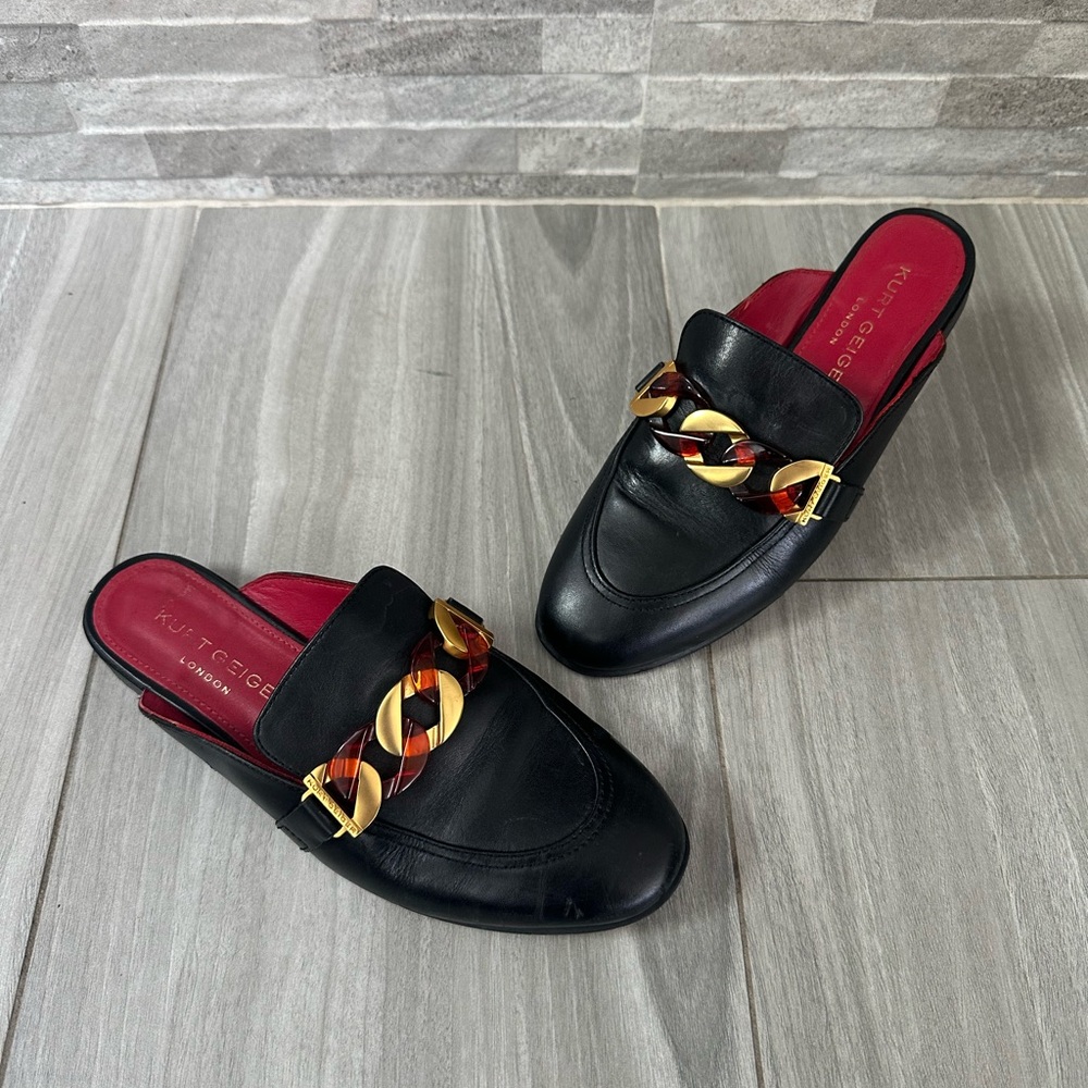 Kurt Geiger Chain Slip On Mule- Black and Gold - 7.5